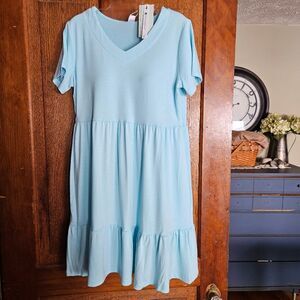 Women’s Light Blue Tiered Organic Cotton V‑Neck Dress Small NWT Casual Sundress